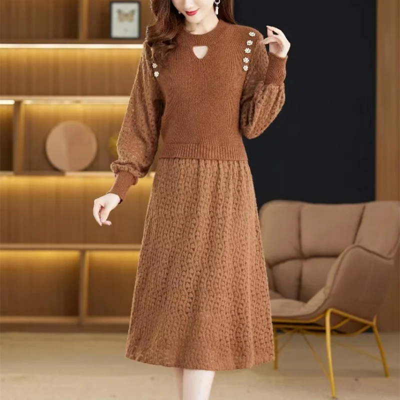 

Новинка 2023, модное однотонное платье, осенне-зимнее теплое вязаное платье, Корейская версия, свободное повседневное кашемировое меховое платье, платья