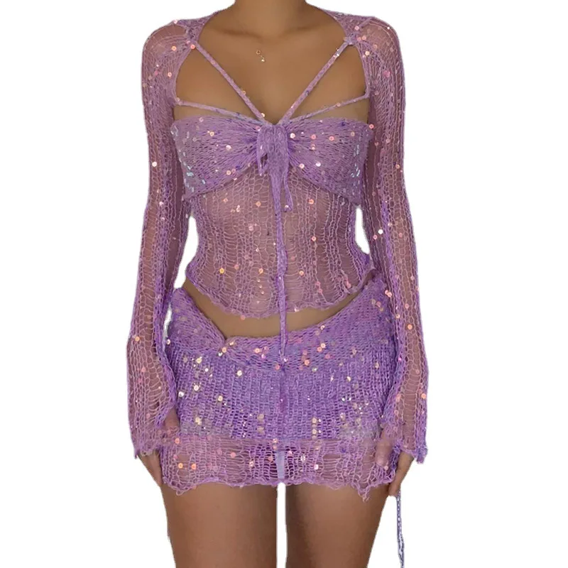 Women's Autumn New Women's Long Sleeve Sweater Fashion Sequins Sexy Hollow Out Drawstring Lace Up Short Skirt Set
Women's Autumn New Women's Long Sleeve Sweater Fashion Sequins Sexy Hollow Out Drawstring Lace Up Short Skirt Set