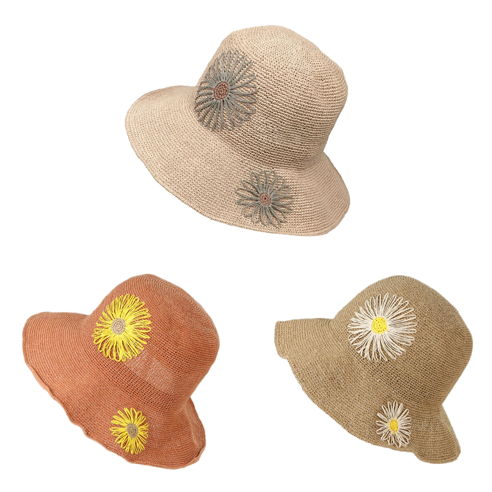 

Summer Foldable Paper Straw Hat Sun Hat Wide-Brimmed Hat Embroidery Crochet Flower Beach Hat Floppy Woven Hat Fisherman Hat