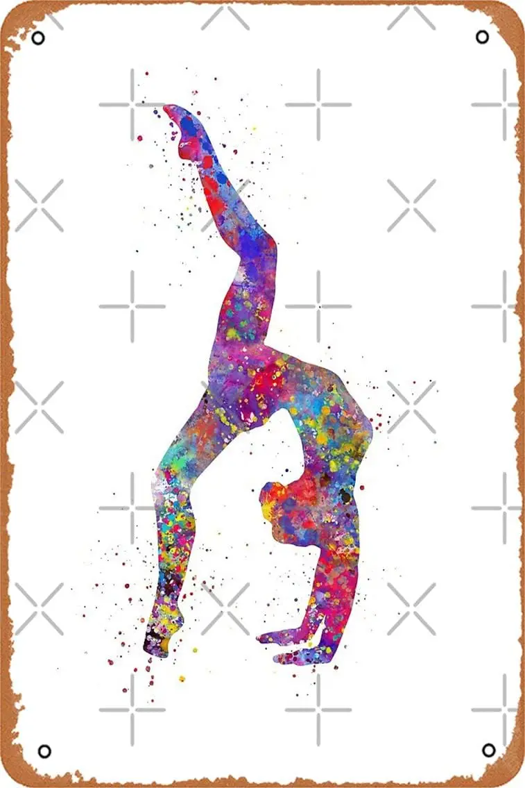 Gymnstcs grl wtercolor gymnstcs teen gft wll rt Bord Prnt Metl Tn Sgn Vntge 8x12 nch