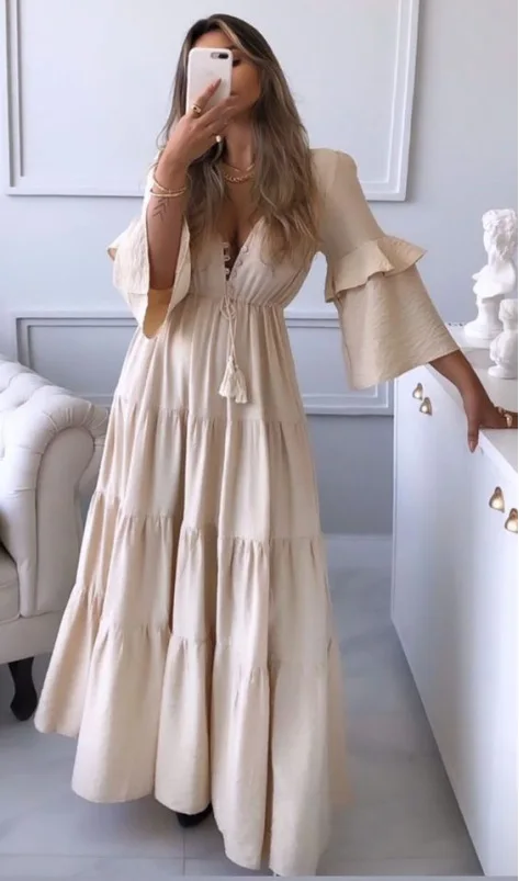 

Vacation Leisure Robes De Soire Apricot Beach V Neck Tea-Length Tiered Flounce Women 2022 Summer Backless Casual Sexy Dresses