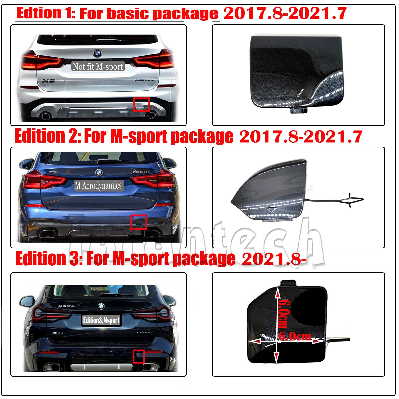 Rear Tow Cover for 18-24 BMW X3 SAV G01 18d 18i 20d 20i 25i 28i 30d 35d 35i XLine Msport xDrive sDrive bumper Hook eye Cap
Rear Tow Cover for 18-24 BMW X3 SAV G01 18d 18i 20d 20i 25i 28i 30d 35d 35i XLine Msport xDrive sDrive bumper Hook eye Cap