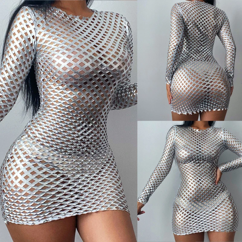 Autumn Sexy Bodycon Hollow Out Dress Silver Diamond Mesh Club Long Sleeve Mini Pencil Party Dress for Women
Autumn Sexy Bodycon Hollow Out Dress Silver Diamond Mesh Club Long Sleeve Mini Pencil Party Dress for Women