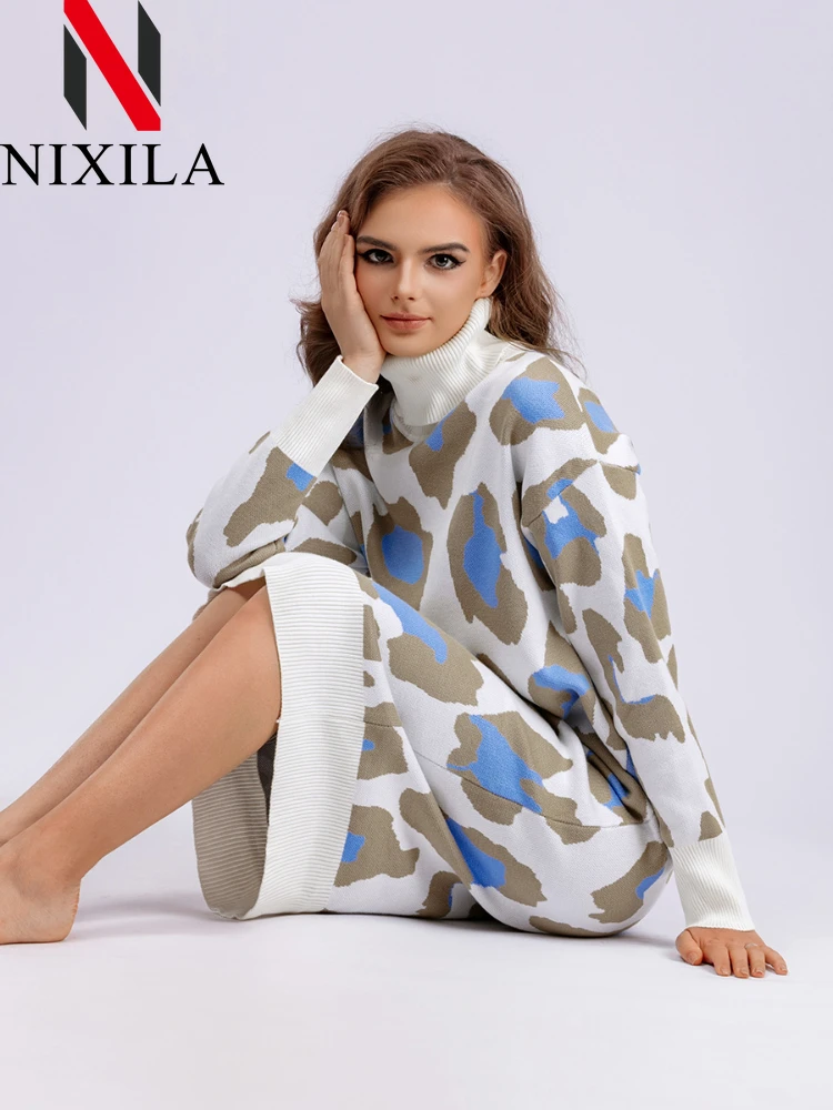 Women Winter Sweater Dress Oversized Turtleneck Leopard Printted Thick Warm Knee-Length Loose Long Knitted Robe Woman Clothing
Women Winter Sweater Dress Oversized Turtleneck Leopard Printted Thick Warm Knee-Length Loose Long Knitted Robe Woman Clothing