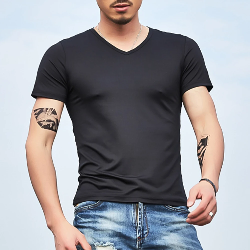 Mens T-Shirt Summer V Neck Slim FIt Short Sleeve Male Skinny Muscle Solid Color Tee Tops Black White 2022 Men's Casual T Shirt
Mens T-Shirt Summer V Neck Slim FIt Short Sleeve Male Skinny Muscle Solid Color Tee Tops Black White 2022 Men's Casual T Shirt