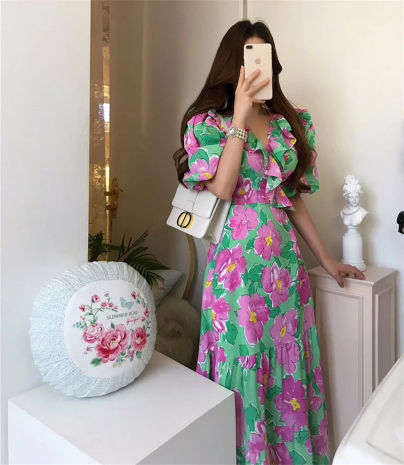 Chic Flower Dress Green Pink V-Neck 2022 
Chic Flower Dress Green Pink V-Neck 2022