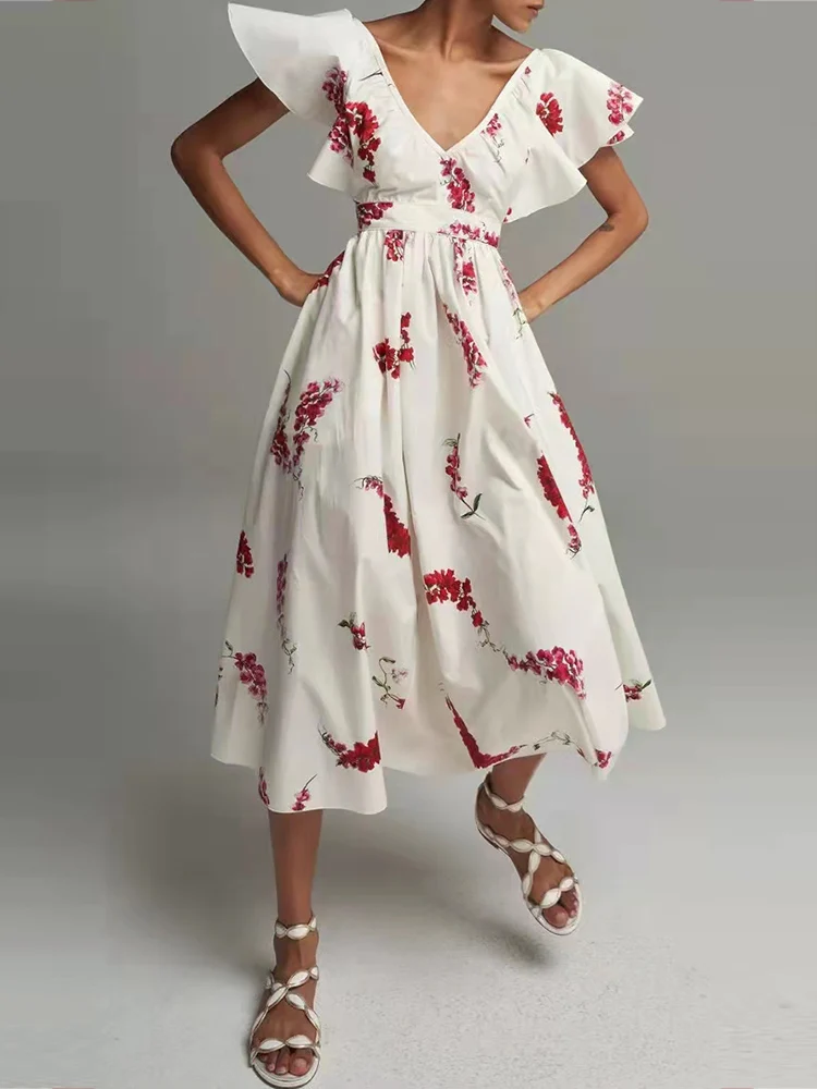 Design Retro Print Sexy V-Neck Ruffle Sleeves High Waist Dress Women's New Fashion Loose Swing Puff Skirt Free Shipping
Design Retro Print Sexy V-Neck Ruffle Sleeves High Waist Dress Women's New Fashion Loose Swing Puff Skirt Free Shipping