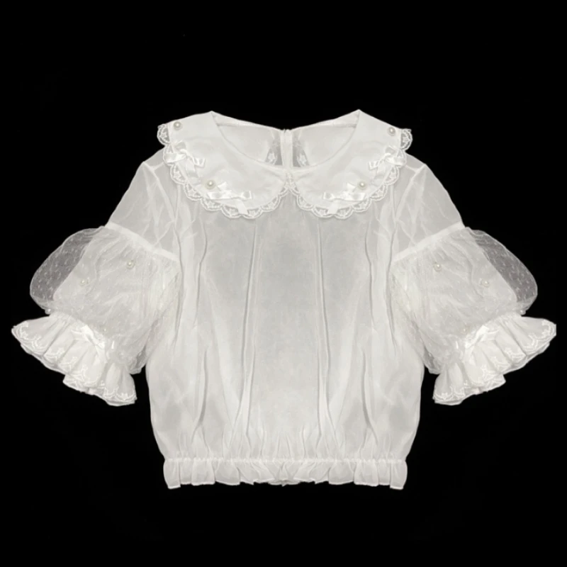 Summer Sweet Lolita Blouses Women Japanese Cute Peter Pan Collar Lace Pearl Bow Shirts Girls Kawaii Puff Sleeve Blusas Mujer
Summer Sweet Lolita Blouses Women Japanese Cute Peter Pan Collar Lace Pearl Bow Shirts Girls Kawaii Puff Sleeve Blusas Mujer