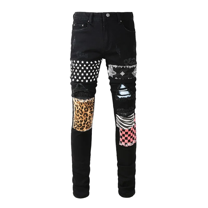 New Arrival Men's Fashion Black Distressed Slim Streetwear Damage Skinny High Stretch Destroyed Spliced Bandana Ripped Jeans
New Arrival Men's Fashion Black Distressed Slim Streetwear Damage Skinny High Stretch Destroyed Spliced Bandana Ripped Jeans
