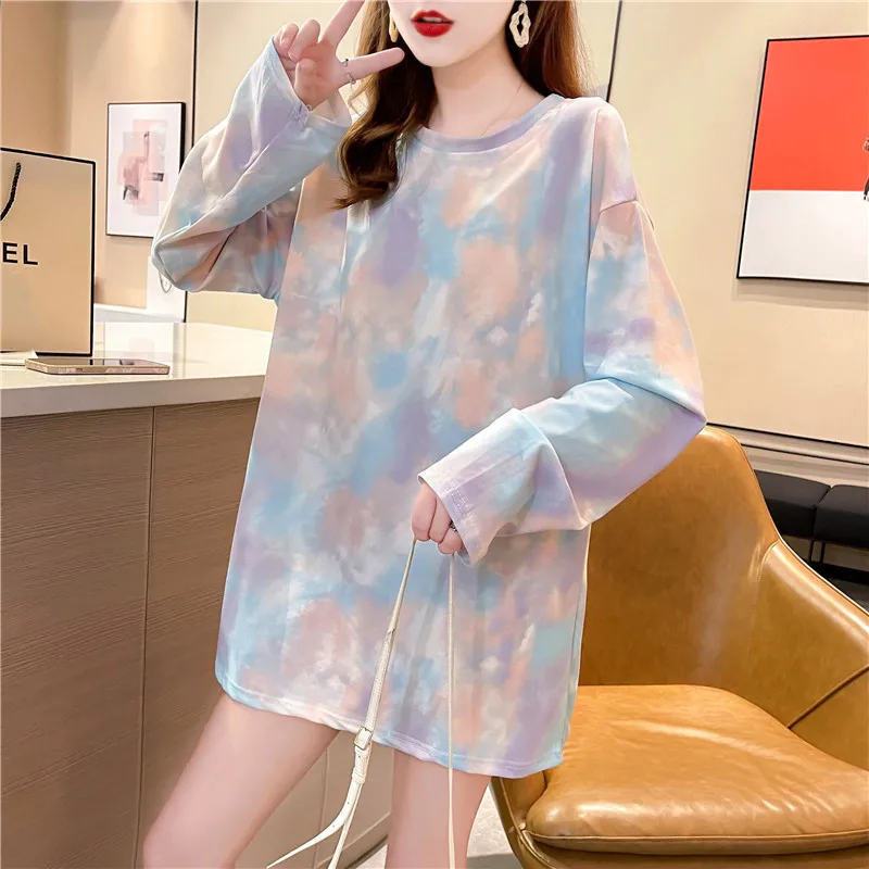 Tie-dye Thin Sweater Women's Loose T-shirt 2022 Spring Autumn Korean Version Mid-length Temperament Long Sleeve Clothes Ladies 
Tie-dye Thin Sweater Women's Loose T-shirt 2022 Spring Autumn Korean Version Mid-length Temperament Long Sleeve Clothes Ladies