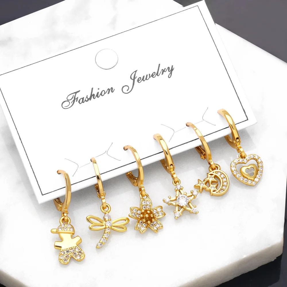 FLOLA Y2K 6pcs/lot Copper Gold Plated Dangle Earrings for Women CZ Crystal Moon and Star Huggie Earrings Fashion Jewelry ersa135
FLOLA Y2K 6pcs/lot Copper Gold Plated Dangle Earrings for Women CZ Crystal Moon and Star Huggie Earrings Fashion Jewelry ersa135