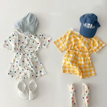 2023 Summer Baby Girls Clothes Set O-neck Tees Heart Print T-shirt + Plaid Shorts 2Pcs Korean Infant Suits Casual Toddler