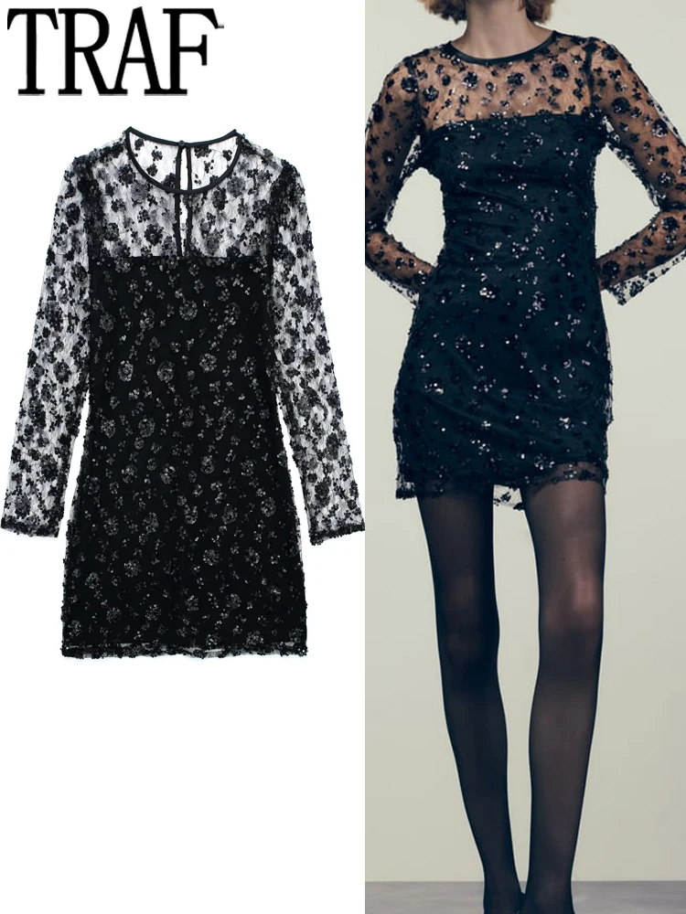 TRAF Black Sequin Dress Woman Short Glitter Dress Women Semi Sheer Long Sleeve Evening Party Dresses For Women Sexy Dresses
TRAF Black Sequin Dress Woman Short Glitter Dress Women Semi Sheer Long Sleeve Evening Party Dresses For Women Sexy Dresses