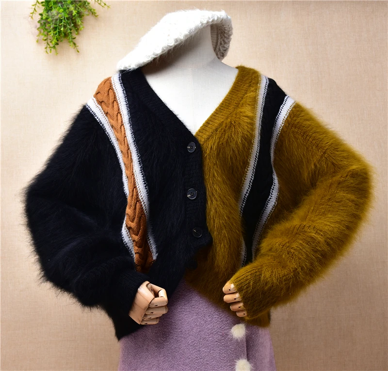 

04 Female Women Fall Winter Colored Hairy Mink Cashmere Knitted V-Neck Long Sleeves Loose Cropped Cardigans Jacket Sweater Coat
