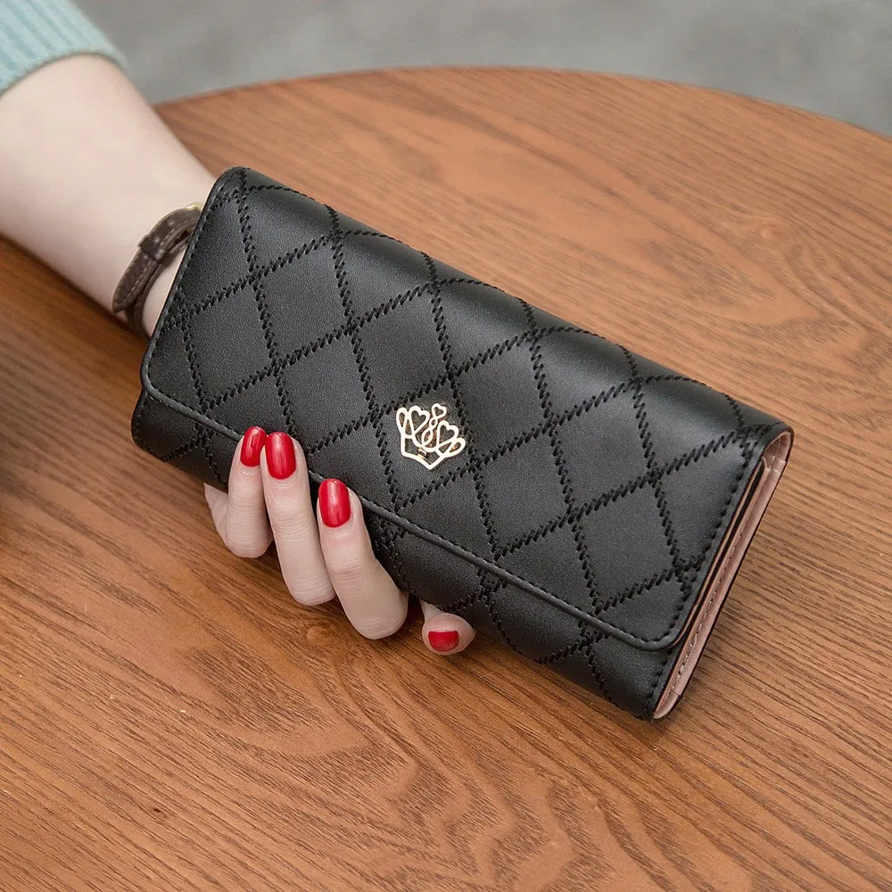 

Women Wallet PU Leather Hasp Ladies Clutch Long Lattice Crown Multi-slot Female Wallets Coin Purse Card Holder Money Phone Bag