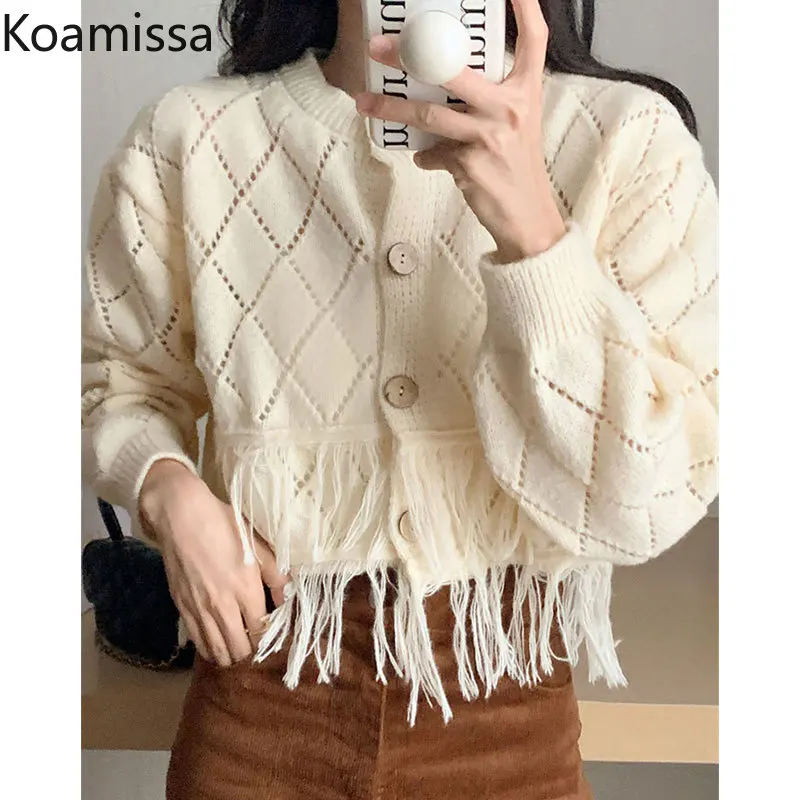 Koamissa Elegant Women Solid Knitted Cardigans Lady Long Sleeves O-neck Hollow Tassel Sweaters Korean Loose All Match Crop Tops
Koamissa Elegant Women Solid Knitted Cardigans Lady Long Sleeves O-neck Hollow Tassel Sweaters Korean Loose All Match Crop Tops