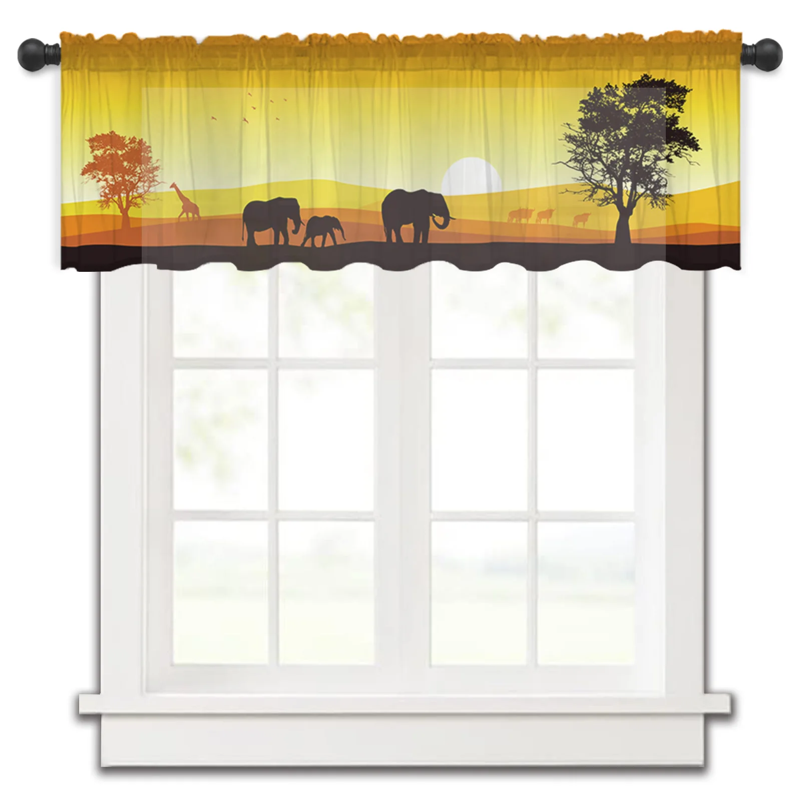 

Africa Sunset Elephant Giraffe Kitchen Small Curtain Tulle Sheer Short Curtain Bedroom Living Room Home Decor Voile Drapes