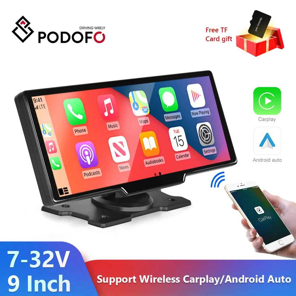 Podofo автомобильный монитор портативный беспроводной CarPlay навигация для всех