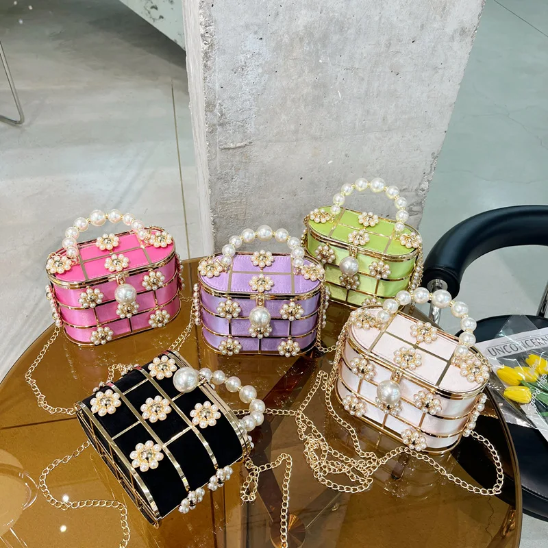 

Exquisite Customization Luxury Pearl Women's Handbag Hollow Out Wedding Clutch Purse Bag Female Metal Cage Basket Shoulder Bag