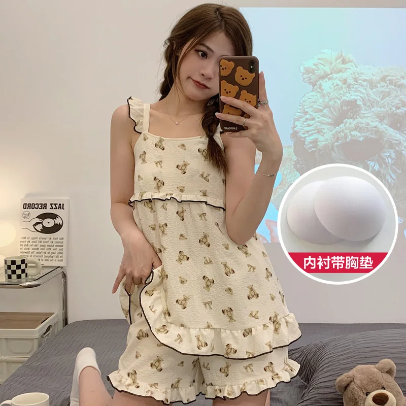 Cartoon Bear Print Women Sleeveless Summer Pajamas Set 2 Piece Sleepwear Shorts Suit Sweet Sling Nightwear Large Size Pijama
Cartoon Bear Print Women Sleeveless Summer Pajamas Set 2 Piece Sleepwear Shorts Suit Sweet Sling Nightwear Large Size Pijama