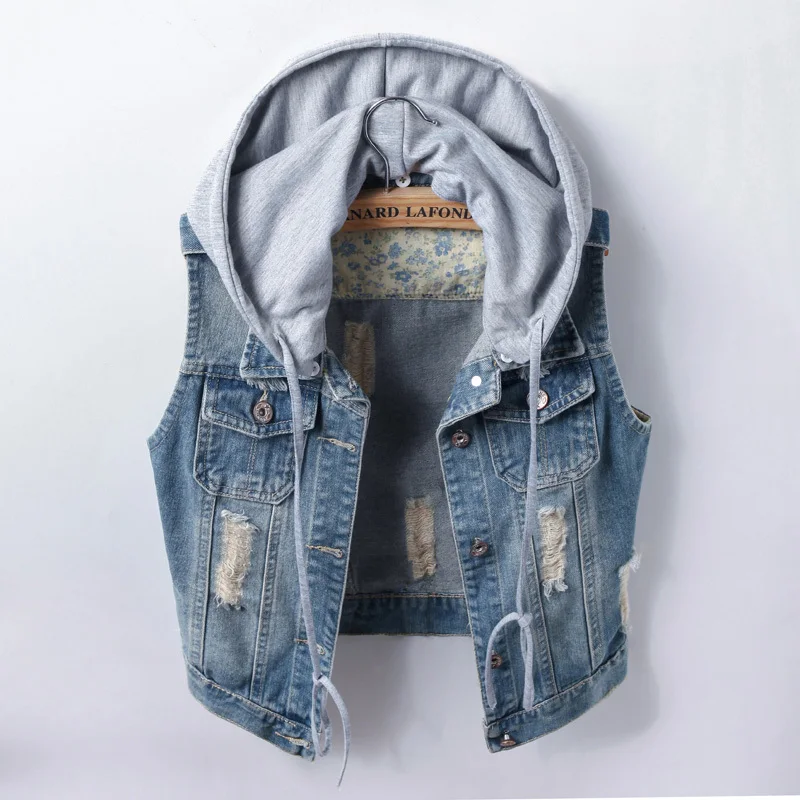 Summer New Women Removable Hooded Slim Short Denim Vest Vintage Washed Blue Lapel Sleeveless Female Frayed Hole Cowboy Waistcoat
Summer New Women Removable Hooded Slim Short Denim Vest Vintage Washed Blue Lapel Sleeveless Female Frayed Hole Cowboy Waistcoat