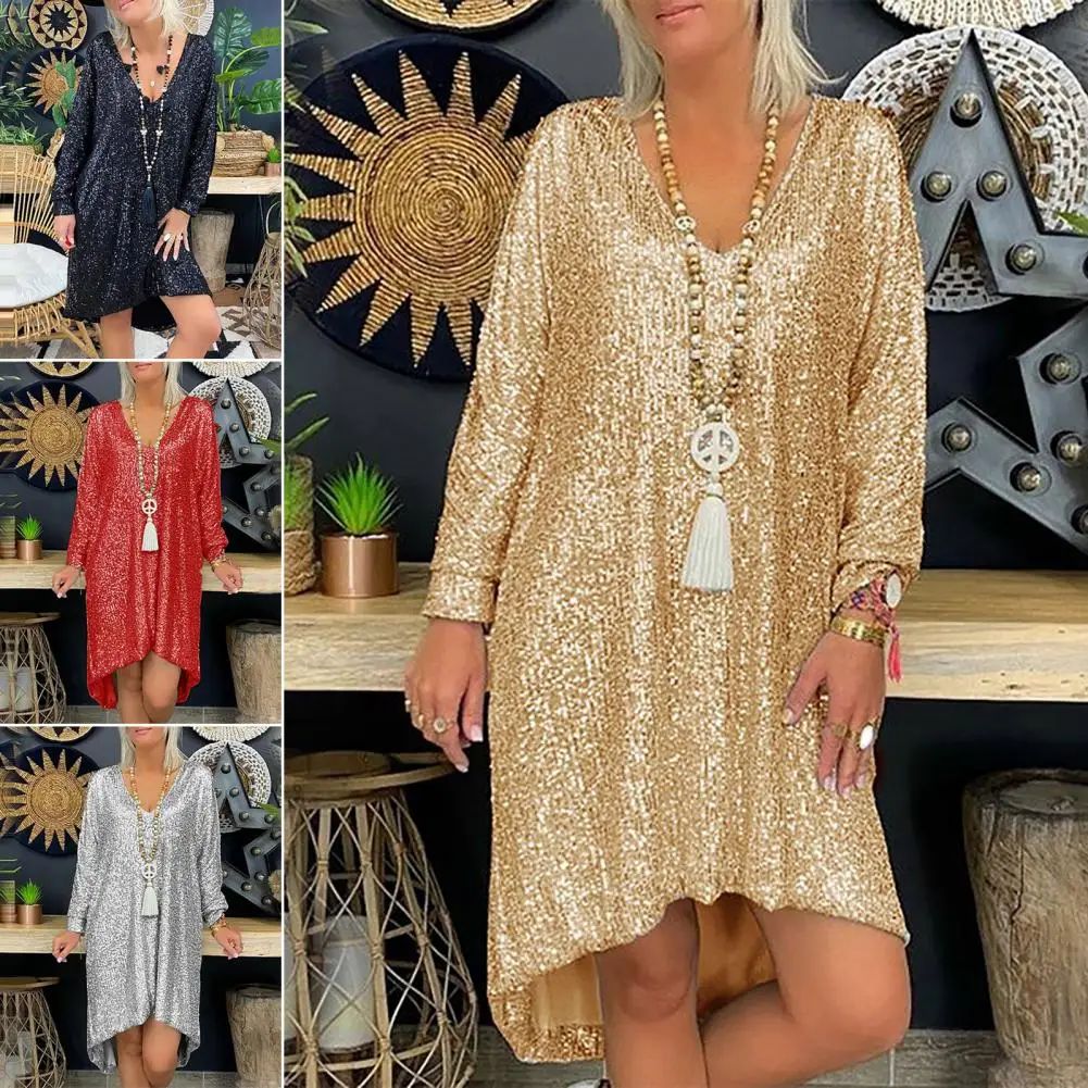 V-Neck Long Sleeve High-low Hem Autumn Dress Shiny Sequins Plus Size Casual Dress Female Clothing
V-Neck Long Sleeve High-low Hem Autumn Dress Shiny Sequins Plus Size Casual Dress Female Clothing