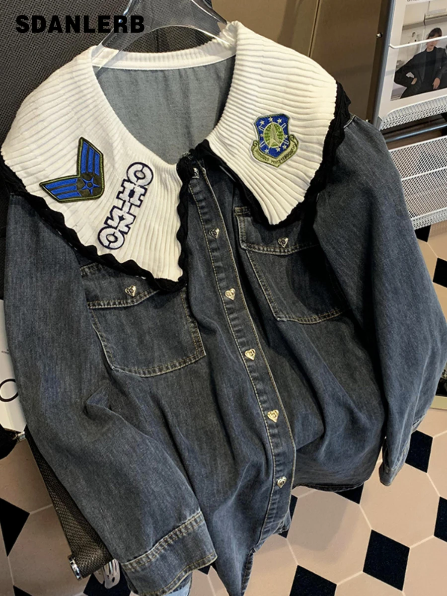 Korean Style Knitted Doll Collar Stitching Long-Sleeved Denim Shirt Women's Spring Autumn New Loose All-Matching Cardigan Coat
Korean Style Knitted Doll Collar Stitching Long-Sleeved Denim Shirt Women's Spring Autumn New Loose All-Matching Cardigan Coat
