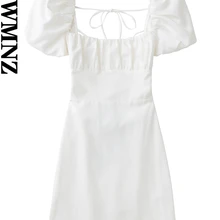 XNWMNZ 여성용 스퀘어 넥 짧은 퍼프 소매 백리스 크로스오버 스트랩 드레스, 린넨 혼방 드레스, 화이트 패션