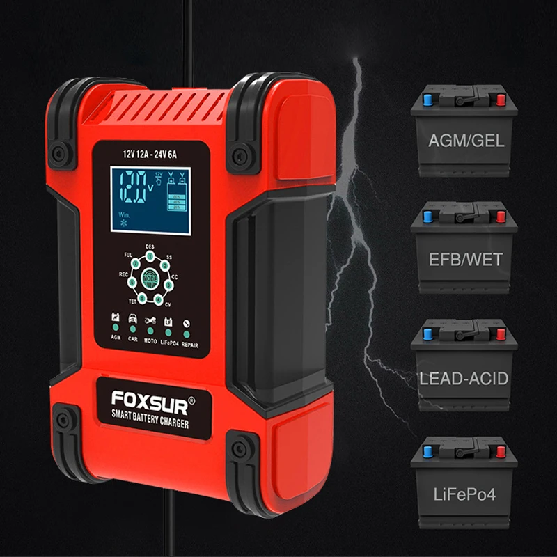 For Truck Car AGM Deep Cycle VRLA Pulse Repair Universal Car Battery Charger 12V 24V Large Power 12A Battery Charger Maintainer
For Truck Car AGM Deep Cycle VRLA Pulse Repair Universal Car Battery Charger 12V 24V Large Power 12A Battery Charger Maintainer
