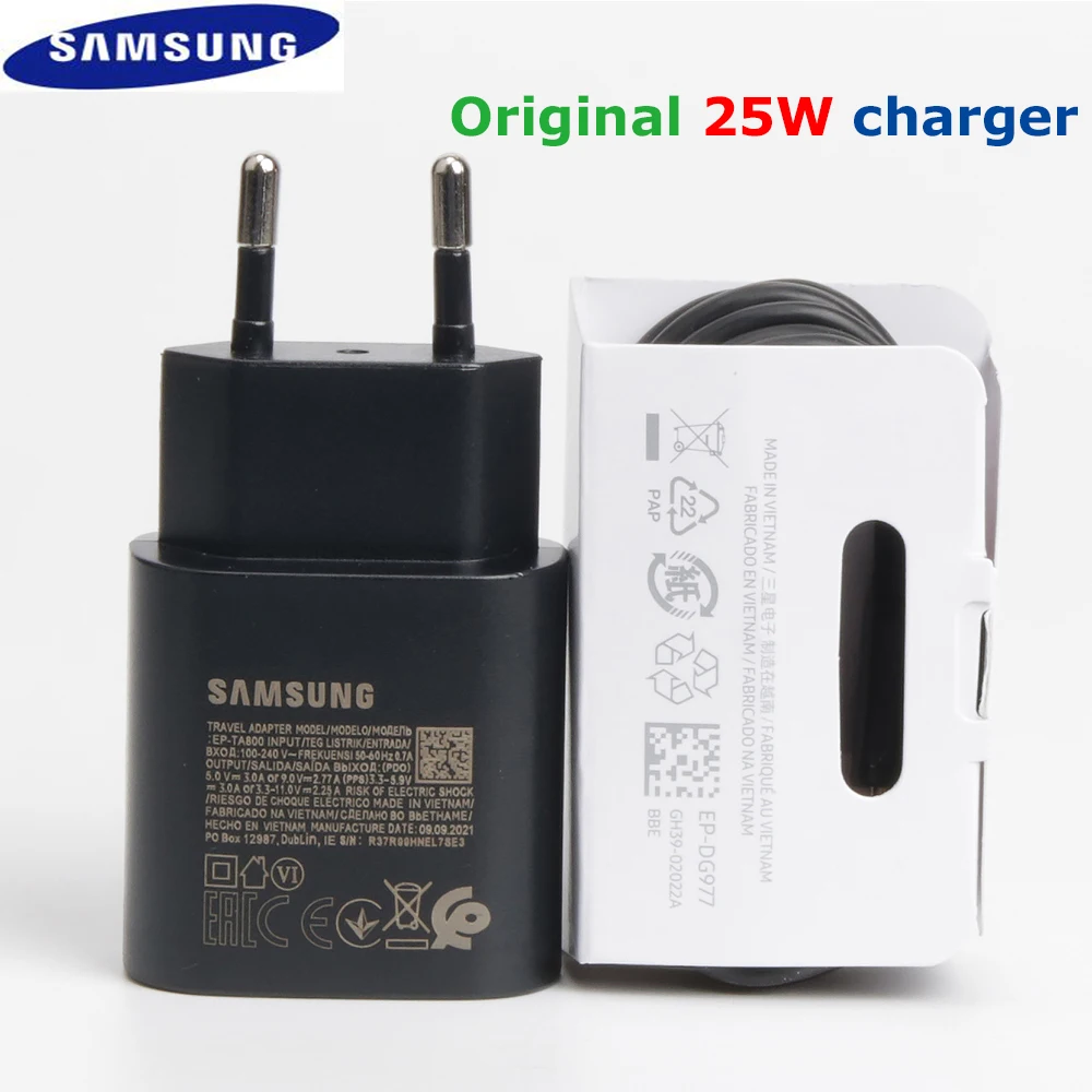 Original Samsung A53 A33 A52 A32 F52 S22 S21 S20 Super Fast Charger 25W EU Power Adapter EP-TA800 For Galaxy S10 5G Type C Cable
Original Samsung A53 A33 A52 A32 F52 S22 S21 S20 Super Fast Charger 25W EU Power Adapter EP-TA800 For Galaxy S10 5G Type C Cable