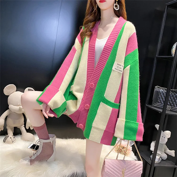 Knit Cardigan Women 2023 Autumn Winter Loose Knitted Sweater Coat Stripe Color Matching Long Sleeve Tops Clothing Office Lady
Knit Cardigan Women 2023 Autumn Winter Loose Knitted Sweater Coat Stripe Color Matching Long Sleeve Tops Clothing Office Lady