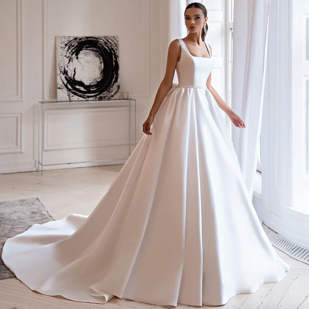 Satin Wedding Dress for Church Wedding Square Ball Gown Pearls Wedding Gown Sleeveless Belt Lace-up Luxury Bridal Dresses 2022
Satin Wedding Dress for Church Wedding Square Ball Gown Pearls Wedding Gown Sleeveless Belt Lace-up Luxury Bridal Dresses 2022