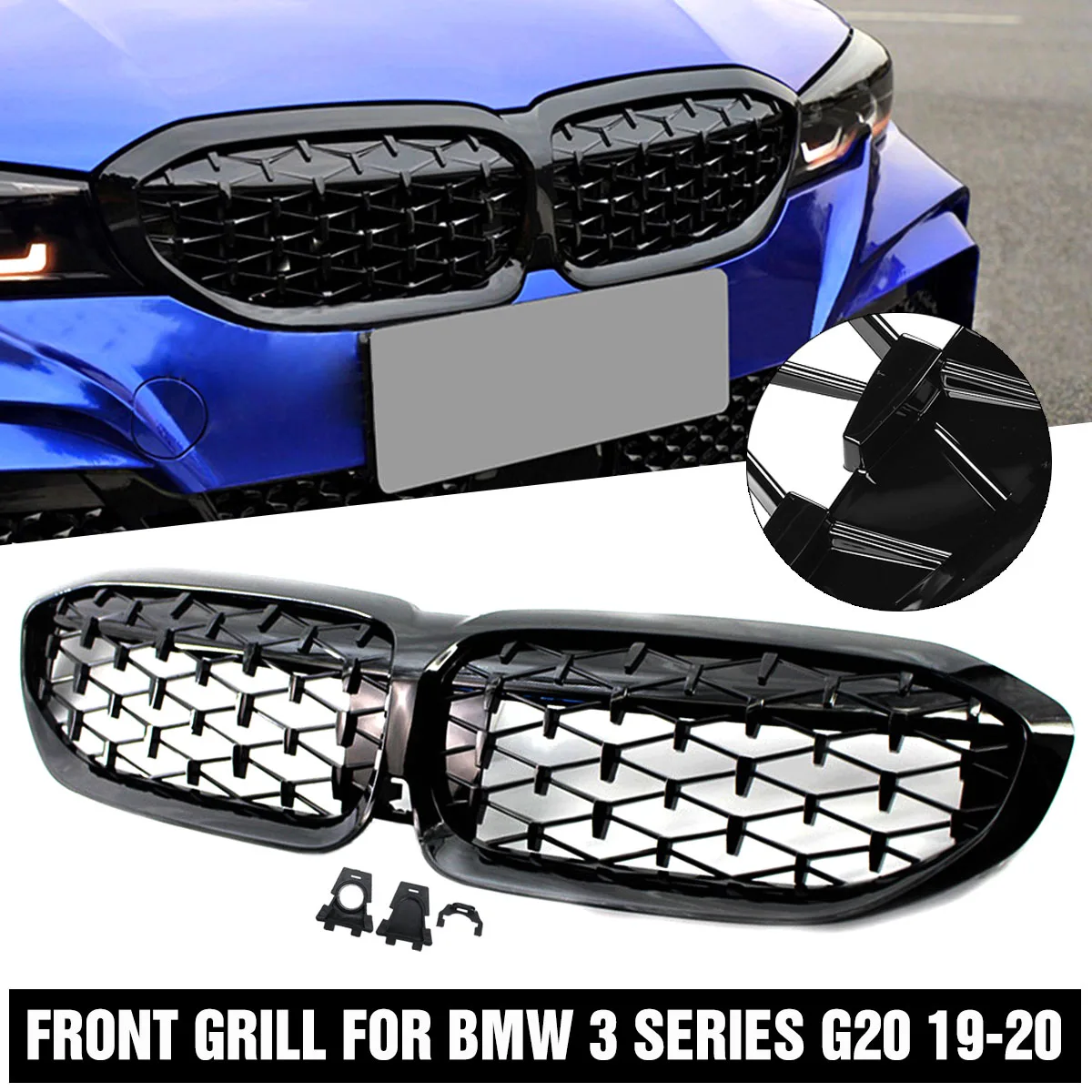 

Автомобильный передний бампер, решетка для радиатора, Алмазный глянцевый черный гоночный гриль для BMW 3 серии G20 G21 2019-2020, аксессуары
