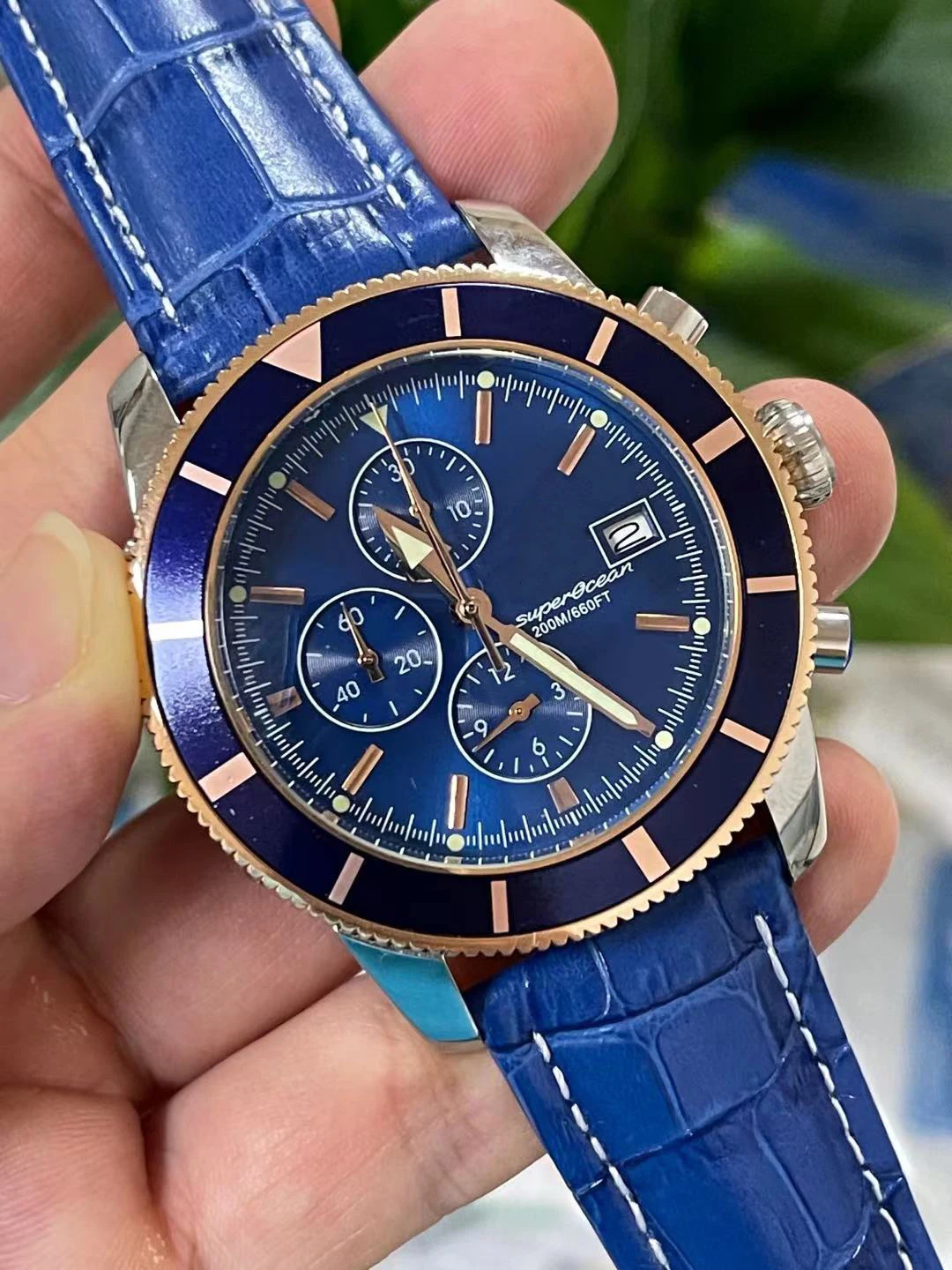 All Sub Dials Work Mens Superocean Quartz Chronograph Watch 46mm Black Blue Leather Rose Gold Ceramic
All Sub Dials Work Mens Superocean Quartz Chronograph Watch 46mm Black Blue Leather Rose Gold Ceramic
