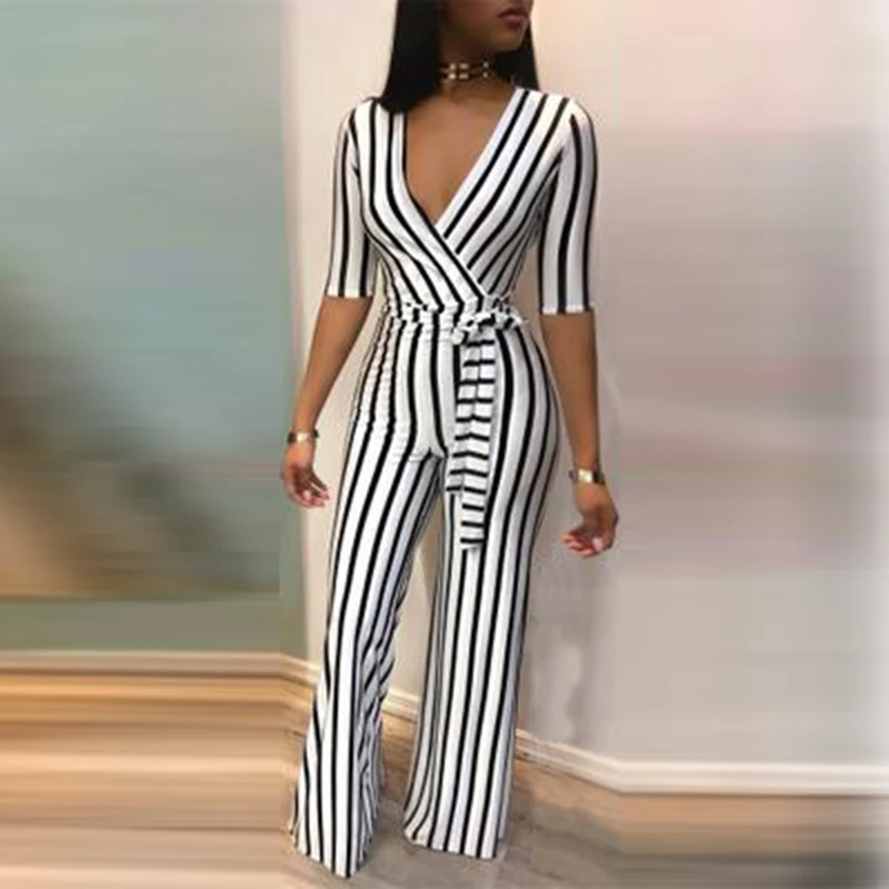 Latest Fashion Striped Jumpsuits Elegant Women Deep V-Neck Overall Pants With Belt Casual Slim Fit Jumpsuit
Latest Fashion Striped Jumpsuits Elegant Women Deep V-Neck Overall Pants With Belt Casual Slim Fit Jumpsuit