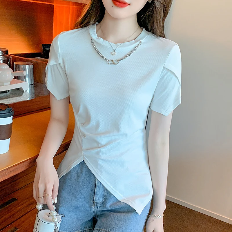 Хлопковая облегающая женская футболка, летний топ белого цвета с коротким рукавом, новинка 2022, повседневные облегающие футболки, модная жен...
Хлопковая облегающая женская футболка, летний топ белого цвета с коротким рукавом, новинка 2022, повседневные облегающие футболки, модная жен...