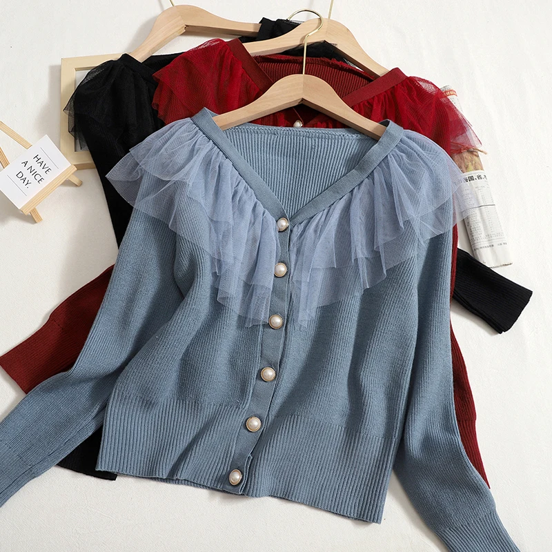 Autumn Spring Women Ruffles Sweaters Cardigans Lady Knitting Thin Sweet Cardigan Outwear Crop Top for Female
Autumn Spring Women Ruffles Sweaters Cardigans Lady Knitting Thin Sweet Cardigan Outwear Crop Top for Female