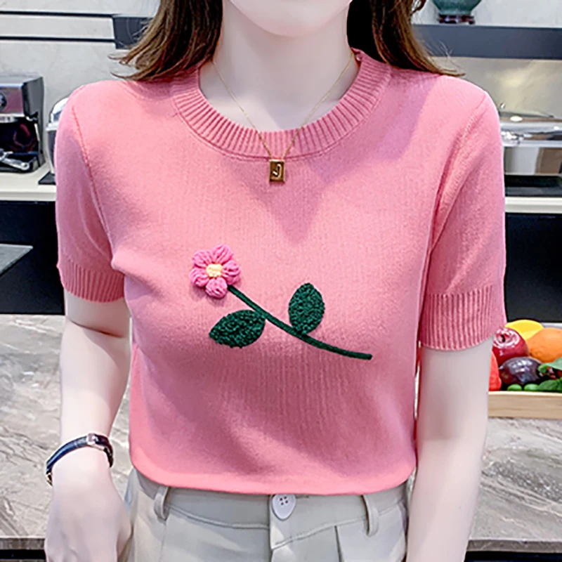 Fashion Embroidery Flower T Shirt Women Slim Crop Tops Knitted T-Shirts Summer Tee Shirt Femme Short Sleeve Clothes Camisetas
Fashion Embroidery Flower T Shirt Women Slim Crop Tops Knitted T-Shirts Summer Tee Shirt Femme Short Sleeve Clothes Camisetas