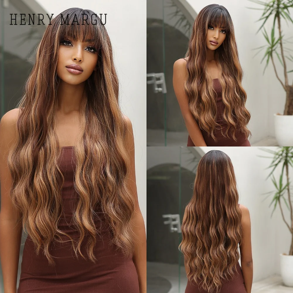 

HENRY MARGU Long Curly Wavy Synthetic Honey Brown Highlight Wigs with Bang for Women Daily Cosplay Party Heat Resistant Hair Wig