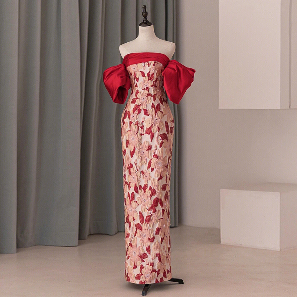 

Красные коктейльные платья с открытыми плечами, жаккардовое винтажное Плиссированное атласное платье-Русалка с цветочным принтом, без бретелек, со шнуровкой и разрезом, женское вечернее платье