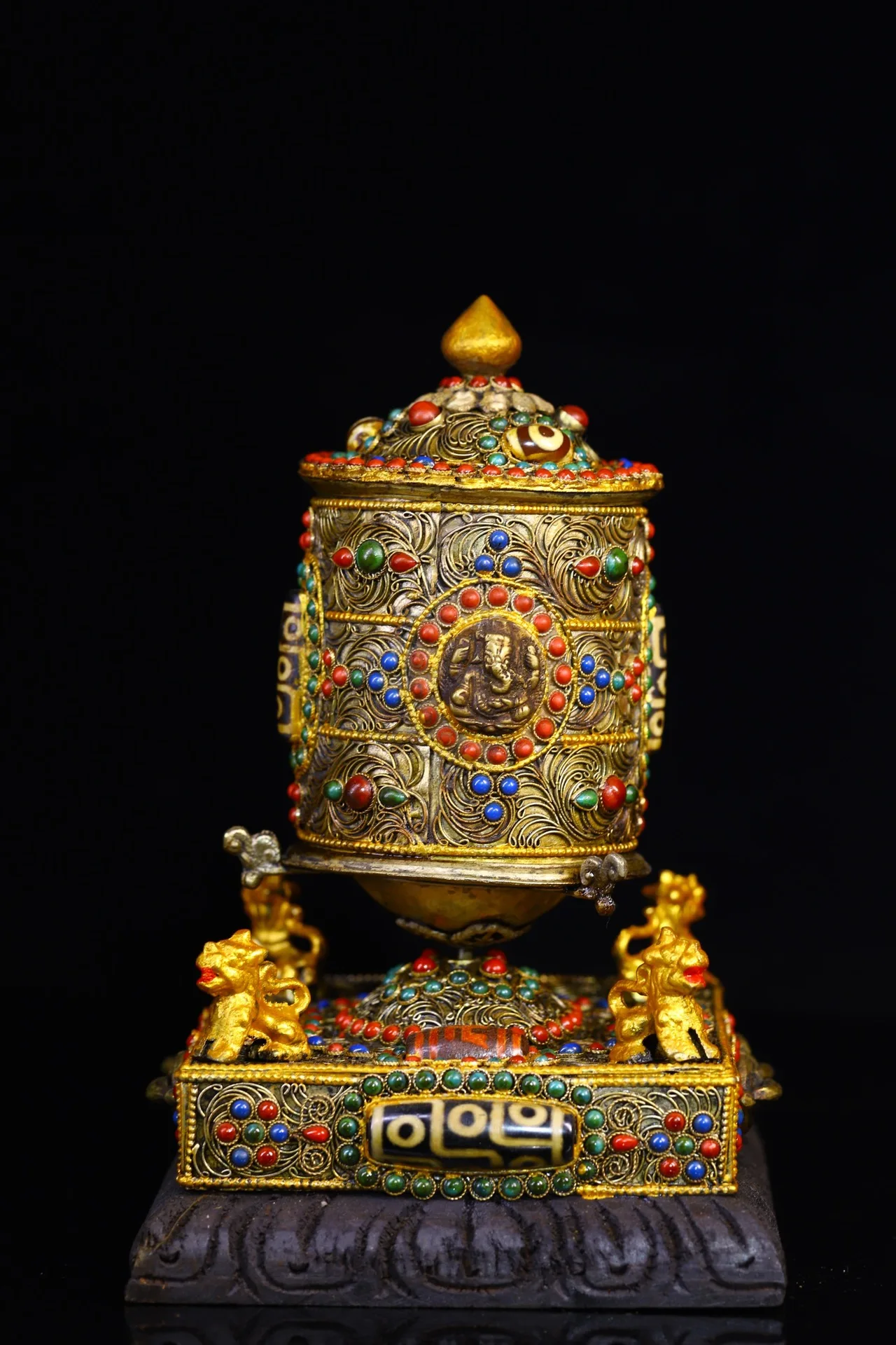 

6"Tibet Temple Collection Old Tibetan silver Mosaic Gem shell Four sided lion Ganesha Prayer Wheel Scripture Amulet Dharma