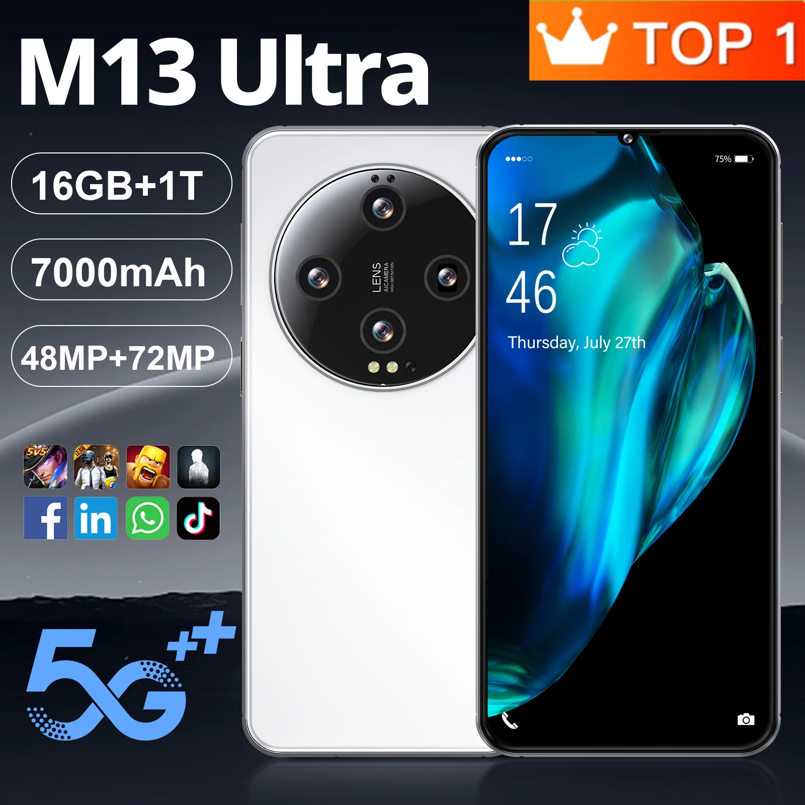 Global Version 6.8 Inch M13 Ultra Smartphone Fingerprint Unlocking Full Screen Face Recognition Cell Phone 7000mAh 4G/5G Phone
Global Version 6.8 Inch M13 Ultra Smartphone Fingerprint Unlocking Full Screen Face Recognition Cell Phone 7000mAh 4G/5G Phone