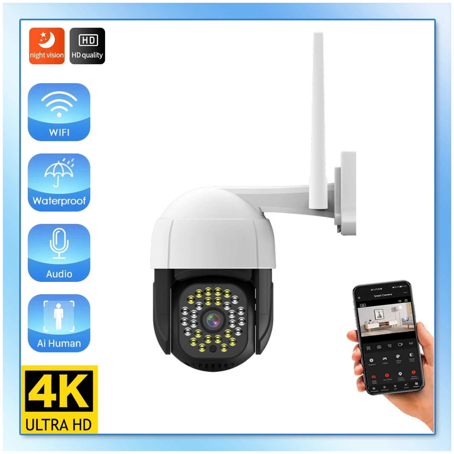 5MP WiFi камера PTZ купольная 4X Zoom H.265 HD CCTV видео наблюдение IP камера автоматическое отслеживание P2P ICsee наружная камера безопасности
5MP WiFi камера PTZ купольная 4X Zoom H.265 HD CCTV видео наблюдение IP камера автоматическое отслеживание P2P ICsee наружная камера безопасности