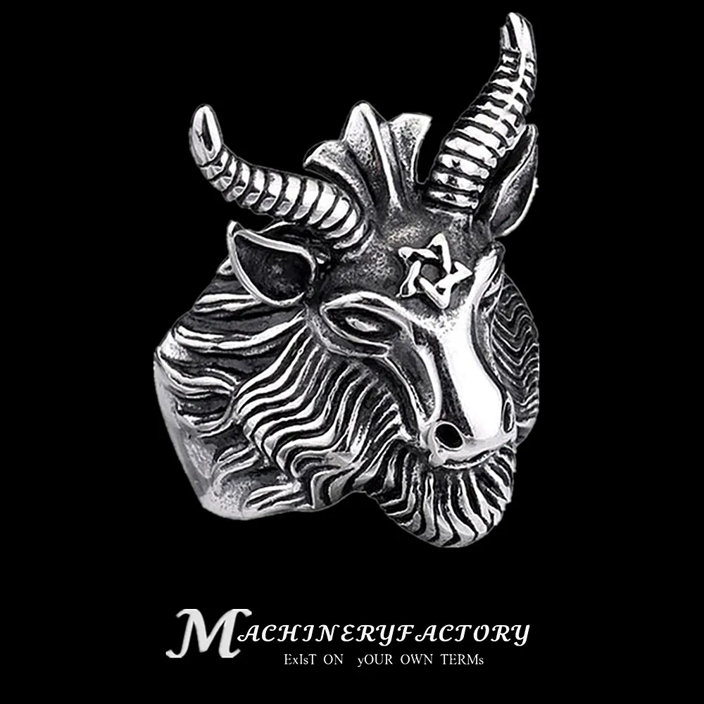 

Big Sheep Goat Horn Head Stainless steel Ring Satan Worship Baphomet Aries Zodiac Wicca Star For Men Biker Punk Animal Jewelry