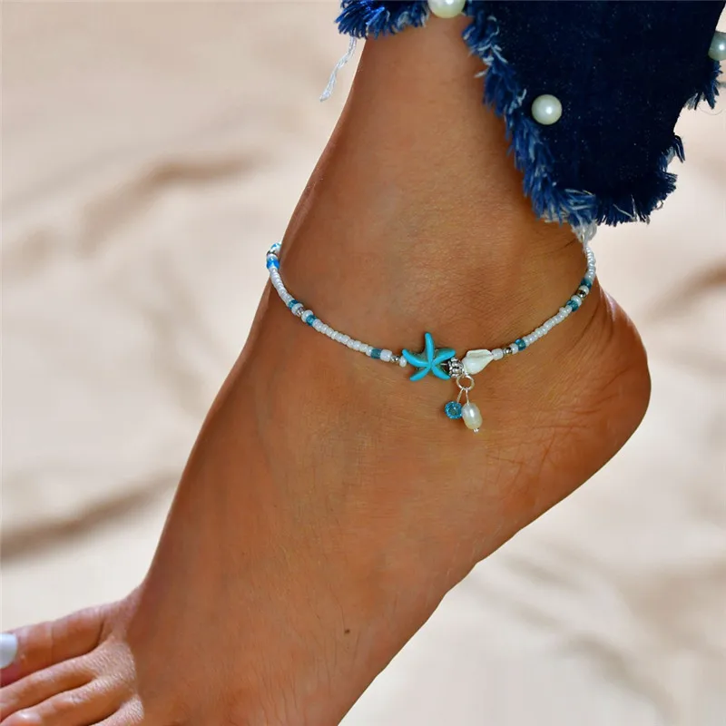 

KOTiK Fashion Bohemian Imitation Pearls Starfish Charms Bracelets Anklets For Women Summer Foot Chain Shell Jewelry Gift