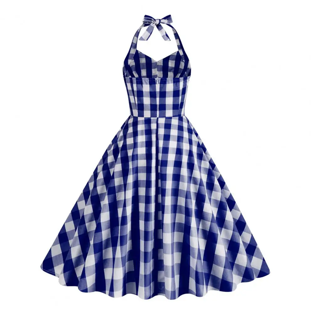 

Cocktail Party Swing Dress Vintage-inspired 1950s Pink Plaid Dress Lace-up Bowknot Halter Hidden Zipper Flattering for Cocktail
