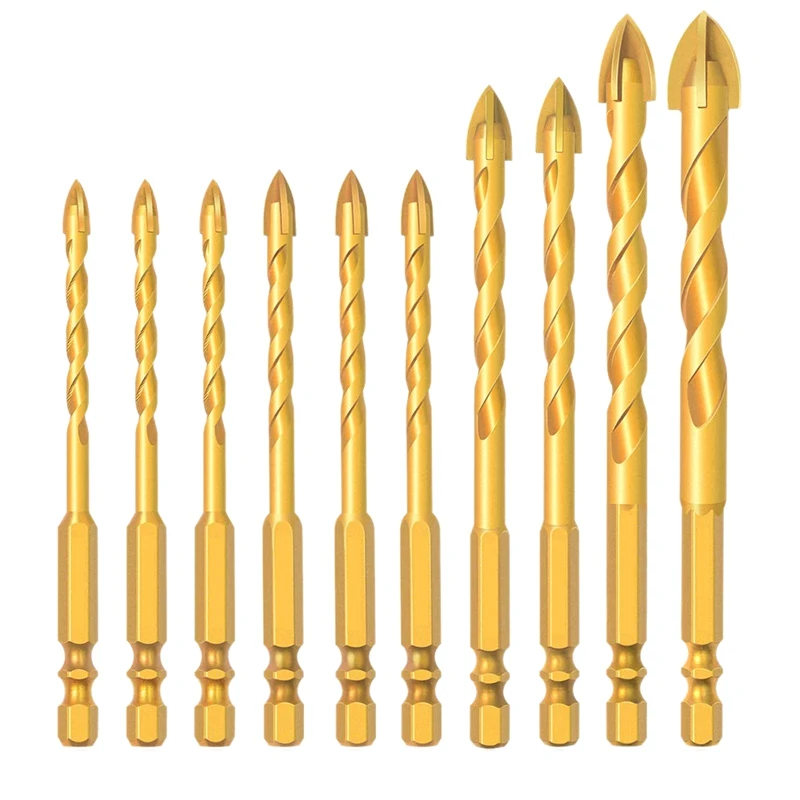 10Pc Titanium Plating Masonry Drill Bits, Concrete Drill Bit Ceramic Tile Drill Bit Set Carbide Tipped Tile Drill Bits 
10Pc Titanium Plating Masonry Drill Bits, Concrete Drill Bit Ceramic Tile Drill Bit Set Carbide Tipped Tile Drill Bits