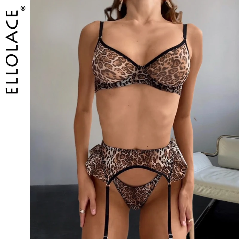 

Ellolace Leopard Exotic Lingerie See Through Lace Underwear Seamless Bra Ruffle Garter Intimate Sissy Sheer Sexy Outfit