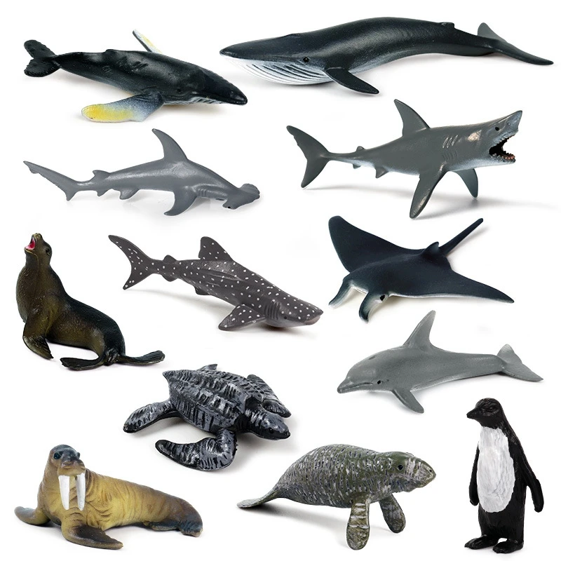 

Hot Sale 12Pcs Simulation Mini Marine Animal Giant Tooth Shark Killer Whale Blue Whale Shark Penguin Dolphin Model Toy