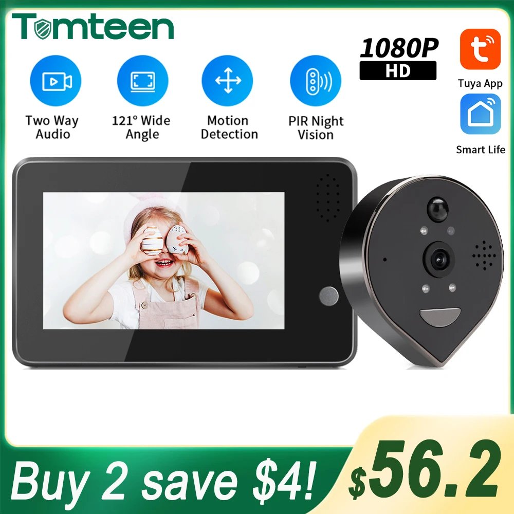 

Tomteen 4.3Inch Smart Home Tuya Peephole Doorbell Camera Night PIR Motion Detection Video Door Bell 5000mAh 1080P Door Viewer